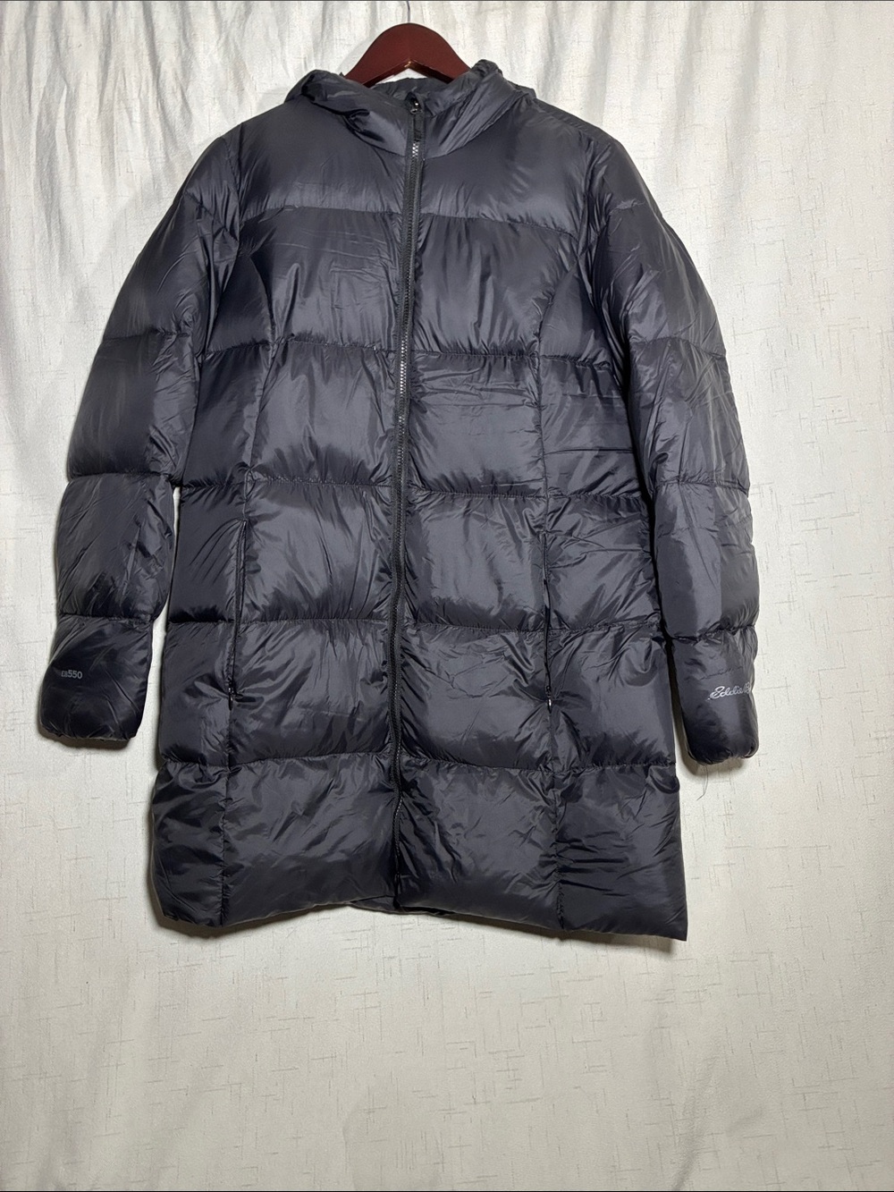 Eddie Bauer Women's Dark Gray Long Down Puffer Coat with Hood